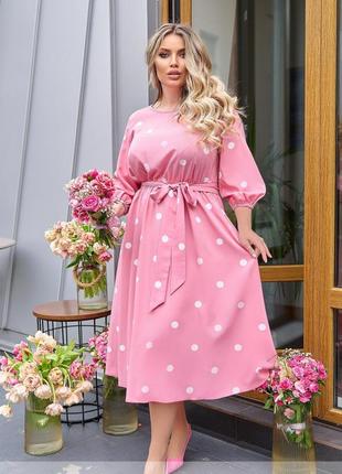 Плаття жіноче міді літнє весняне з поясом у горох батал великі розміри рожеве