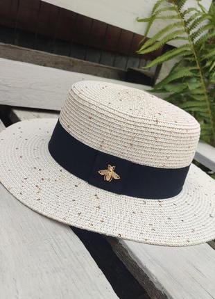 Солом'яний капелюх зі стразами і бджілкою, жіночий білий капелюх