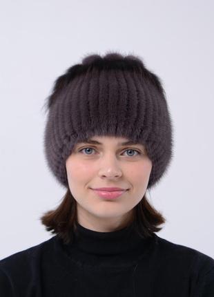 Женская вязаная шапка из меха норки с аппликацией в виде петель1 фото