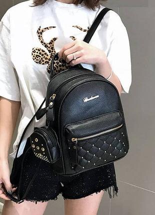 Женский городской рюкзак с брелоком мини рюкзачок, набор 2 в 1 рюкзачок + ключница кошелек черный