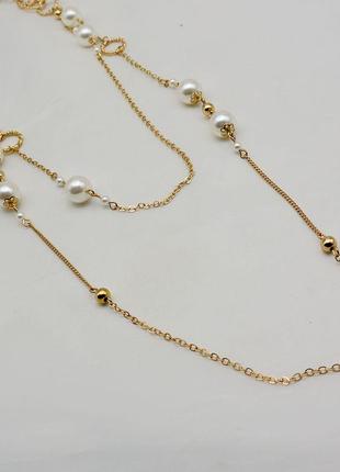 Длинное колье цепи с жемчугом и декором брендовое двойное ожерелье4 фото