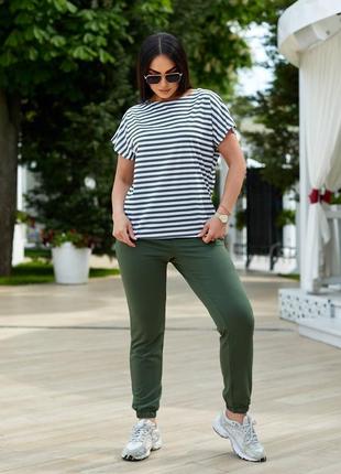 Женский спортивный костюм легкий летний на лето прогулочный батал черный бежевый коричневый зеленый хаки джогеры футболка больших размеров
