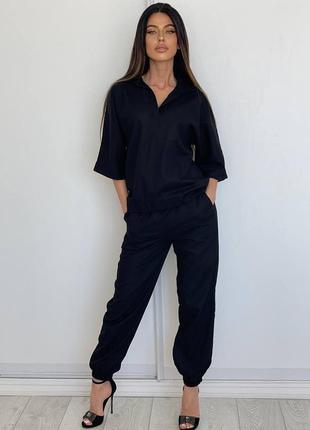 Костюм женский черный однотонный оверсайз рубашка на пуговицах брюки на высокой посадке качественный стильный базовый