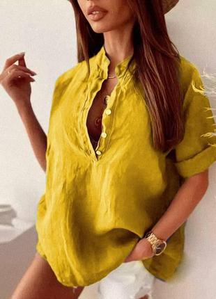 Красива класна класична якісна стильна модна зручна жіноча модна трендова базова сорочка рубашка із рукавами гірчиця