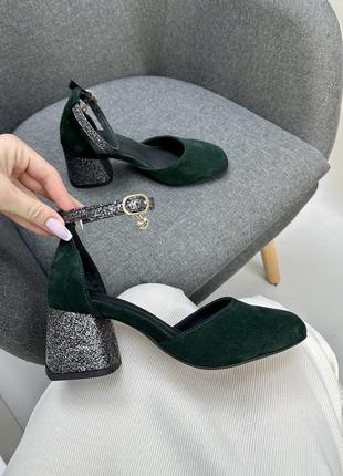 Зеленые изумрудные босоножки натуральная замша 36-41 каблук глитер