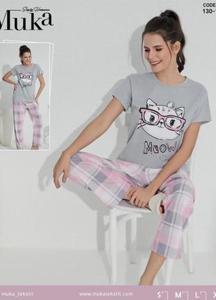 Женская летняя пижама, домашний костюм футболка брюки, р-ры s м l хl, туречевая1 фото