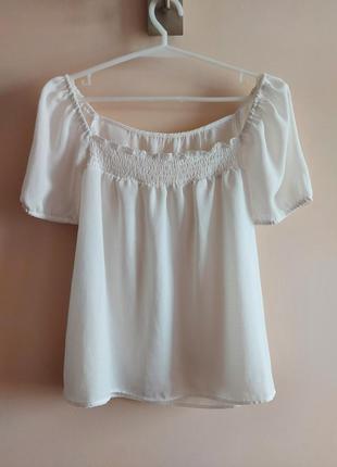Белая романтичная блуза, блузка свободного кроя с вырезом каре, р. 142 фото