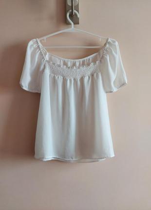 Белая романтичная блуза, блузка свободного кроя с вырезом каре, р. 141 фото