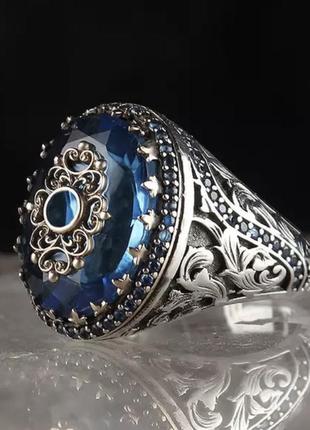 Кільце перстень колечко в турецькому стилі ручна робота розмір 19 з синім камнем1 фото