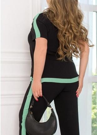 Костюм двойка женский брючный летний жатка блуза брюки прямого кроя батал черный мята