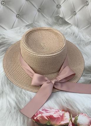Шляпа женская летняя канотье с атласной лентой розовая (пудровая)