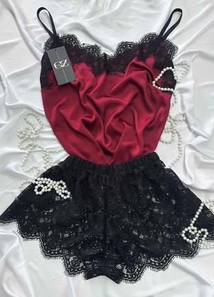 Женская пижама атлас-шелк лолита (нюд/черный)5 фото
