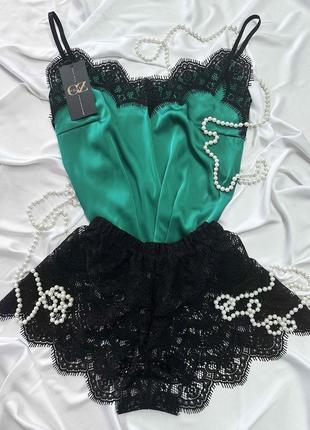 Женская пижама атлас-шелк лолита (нюд/черный)7 фото
