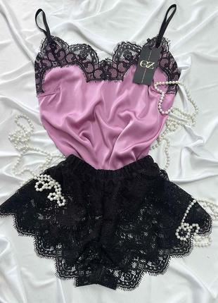 Женская пижама атлас-шелк лолита (нюд/черный)3 фото