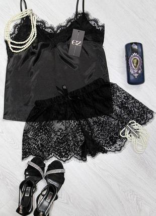 Женская пижама атлас-шелк лолита (нюд/черный)9 фото