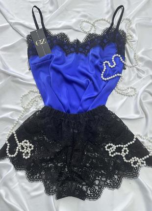 Женская пижама атлас-шелк лолита (нюд/черный)8 фото