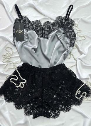 Женская пижама атлас-шелк лолита (нюд/черный)4 фото