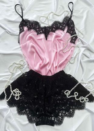 Женская пижама атлас-шелк лолита (нюд/черный)10 фото