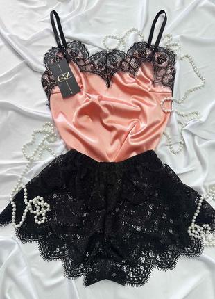 Женская пижама атлас-шелк лолита (нюд/черный)6 фото