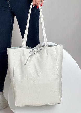 Женская кожаная большая белая сумка шоппер открытого типа, италия3 фото