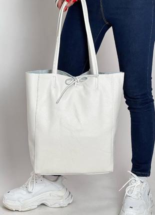 Женская кожаная большая белая сумка шоппер открытого типа, италия2 фото