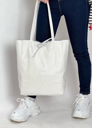 Женская кожаная большая белая сумка шоппер открытого типа, италия5 фото