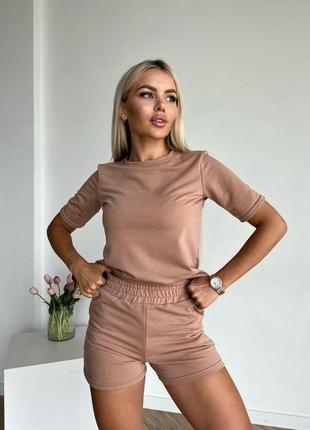 🔥костюм🔥  шорти футболка🌞  42-44 46-48🌞 малина, чорний, беж, оранж❤  двонитка