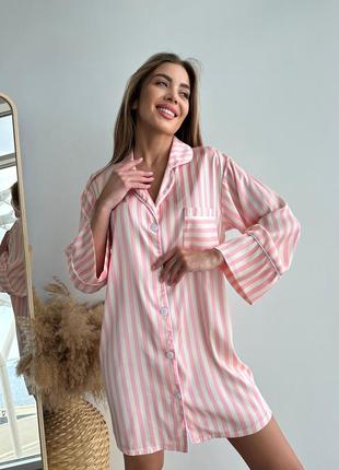 Подовжена рубашка у рожеву смужку, рожева сорочка, удлиненная рубашка в полоску1 фото