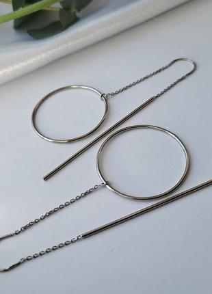 Срібні сережки сережки протяжки ланцюжка коло без каміння срібло 925 покрите родієм 517р 4.00г8 фото