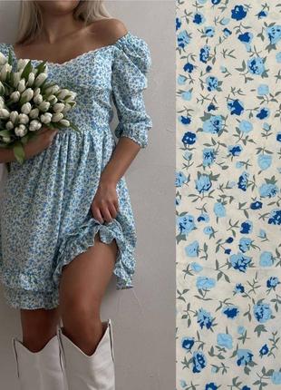 Платье короткое голубое с цветочным принтом на рукав три четверти на молнии качественное стильное трендовое3 фото