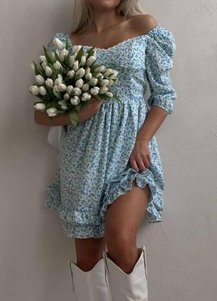 Платье короткое голубое с цветочным принтом на рукав три четверти на молнии качественное стильное трендовое6 фото