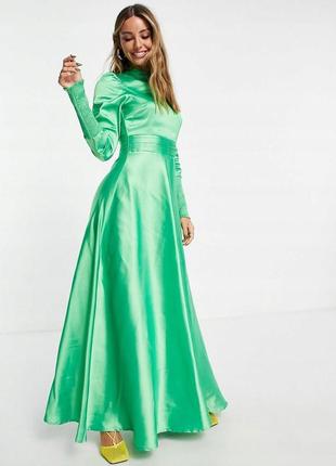 Розкішна максі-сукня зелена сатинова