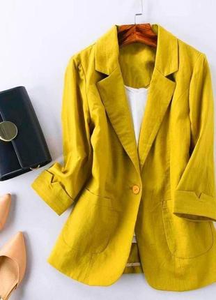 Стильний класний базовий лляний класичний зручний жіночий модний трендовий повсякденний піджак піджачок жовтий зелений2 фото