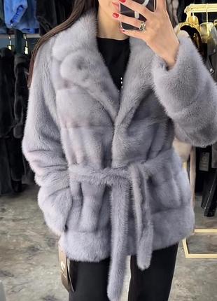 Шикарная норковая шуба с английским воротником голубой