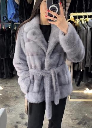 Шикарная норковая шуба с английским воротником голубой