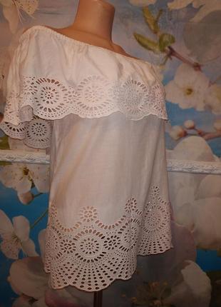 Блуза прошва персикового цвета с широкой рюшей на плечах 100% хлопок s-m9 фото