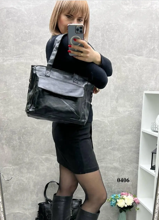 Женская сумка формата а4 с кошельком в комплекте, спереди карман на магните, черный (0406)7 фото