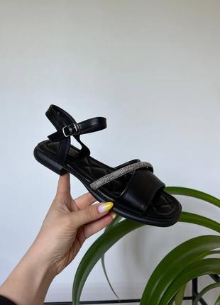 Босоножки сандали черные с камнями стразами низкий ход8 фото