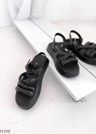 Босоножки сандали натуральная кожа черные дутые на высокой подошве платформе танкетке10 фото