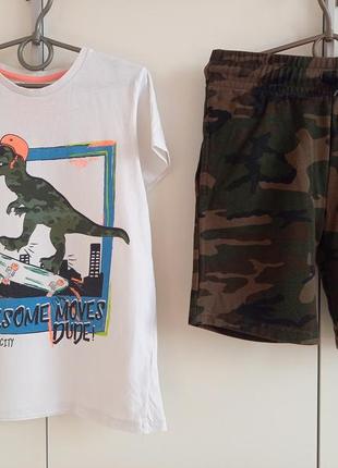 Набор летний костюм для мальчика 9-10 лет : трикотажные шорты хаки и футболка динозавр6 фото
