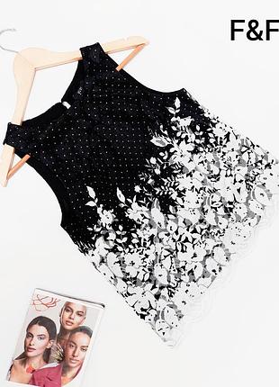 Жіноча чорна  з білим блуза вільного крою з принтом, зверху гіпюр, з підкладкою від бренду f&f