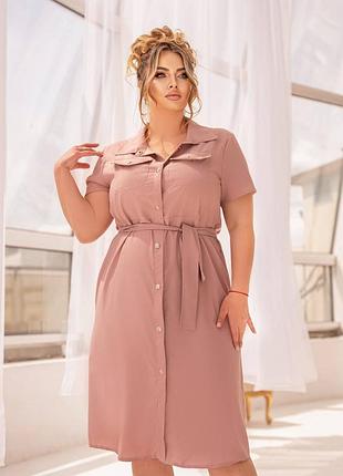 Платье миди прямого силуета на кнопках под поясок воротник нагрудные карманы рукав короткий ткань вискоза софт