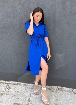 Жіноча сукня міді натуральна базова з поясом на гудзикпх чорна сяня жовта малинова блакитна голуба4 фото