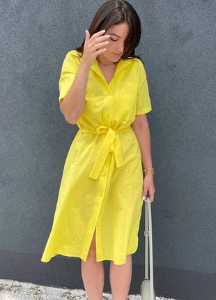 Жіноча сукня міді натуральна базова з поясом на гудзикпх чорна сяня жовта малинова блакитна голуба6 фото