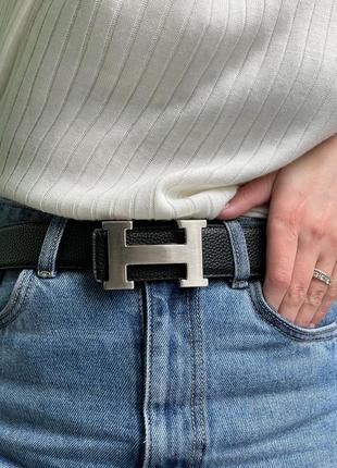 Ремінь hermes leather belt black/silver