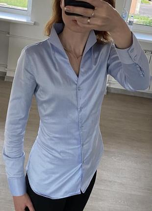 Голубая офисная рубашка блузка воротник стойка6 фото