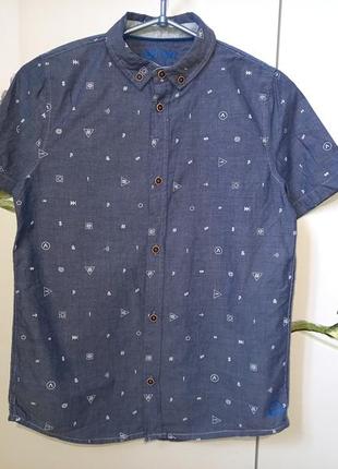 Нарядная рубашка с коротким рукавом летняя синяя стильная f&f для мальчика 10-11 лет рост 1461 фото