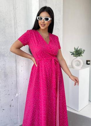 Женское длинное платье с поясом летнее на запах в горох белое черное розовое красное малиновое мокко лиловое батал платье больших размеров5 фото