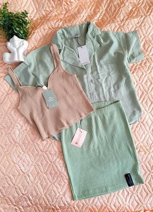 Sale мятный комплект льняная рубашка и юбочка s-m-l