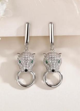 Сережки з пантерою срібні жіночі сережки з тигром із цирконами гарні в стилі карт'є cartier шикарні2 фото